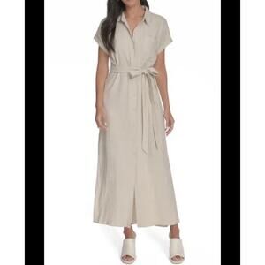 NWT Calvin Klein Elegant Linen Natural Short Sleeve Midi Shirt Dress Belt Sz 12